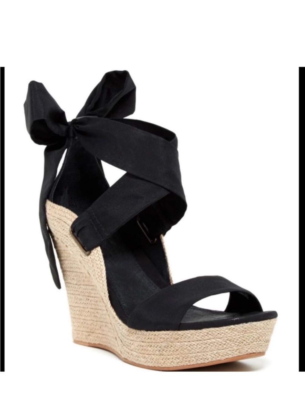 UGG Wittley Black Suede Ribbon Tie Espadrille Wedge Sandals